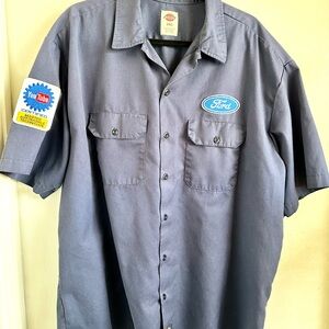 Dickies Men's Blue Button Up Shop Work Shirt w YouTube & Ford Embroidered Ptch